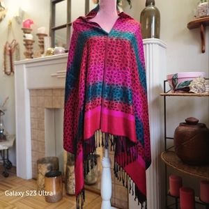 Pashmina shawl in red, fuschia, turquoise and black.